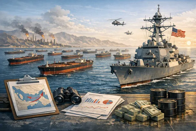 AI-generated editorial hero image for article on the U.S. naval blockade of Iran's energy exports