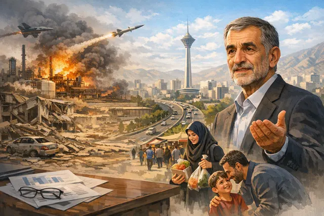 AI-generated illustration of Iranian President Masoud Pezeshkian speaking, with a map of the Strait of Hormuz in the background and oil tanker silhouettes.