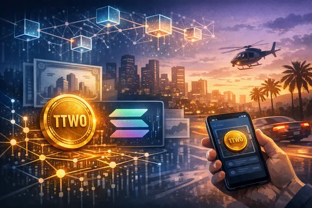 A visual representation of the $TTWO tokenized stock on Solana, showing the Solana logo, Backpack branding, and the Take-Two Interactive stock ticker, with symbols for 24/7 trading