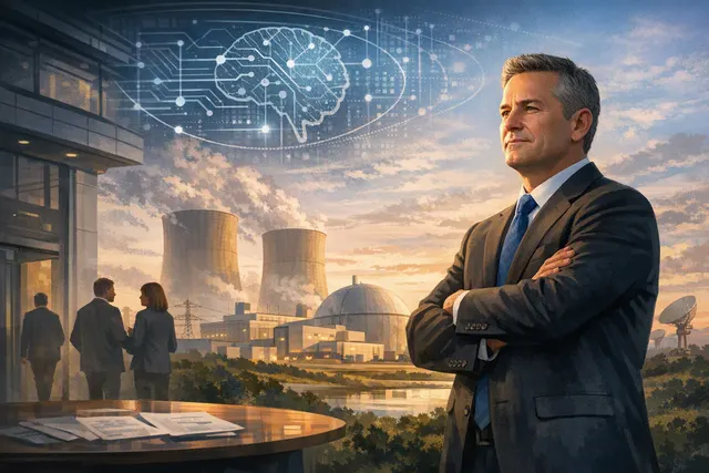 AI-generated illustration representing Fermi's Project Matador, a massive data center and energy campus in the Texas Panhandle, with visual motifs of nuclear energy, data servers,