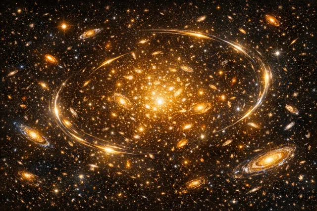 Artistic depiction of the Hubble Space Telescope in orbit with a colorful background of galaxies and gravitational lensing arcs, representing the new MACS0329-0211 galaxy cluster i