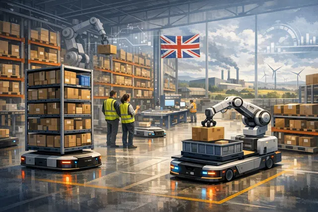 How is Chinese robotics firm Geek+ expanding across UK warehouses, what is driving this adoption given Britain's labour shortages and low ro