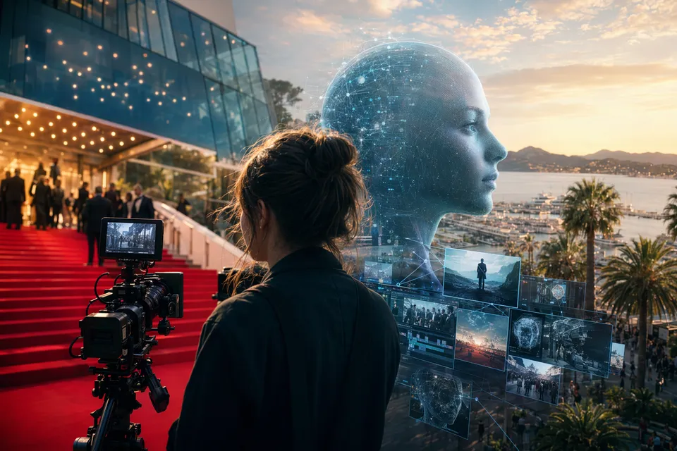 Editorial illustration representing artificial intelligence entering the Cannes film industry