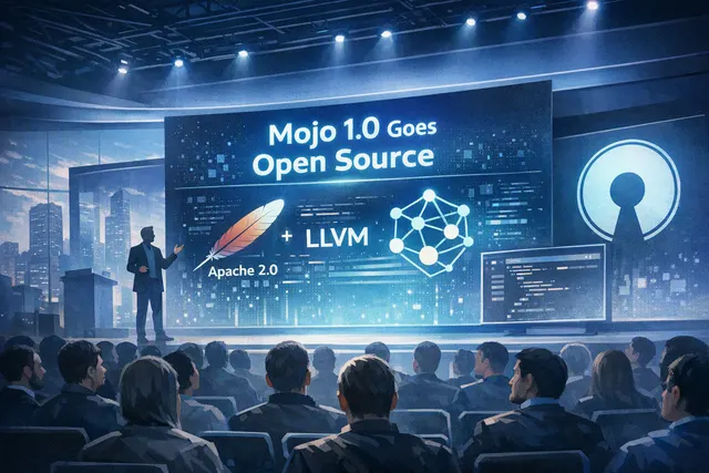 Abstract editorial illustration of an open AI software layer connecting Qualcomm, AMD, NVIDIA, Apple, AWS, and Google accelerators
