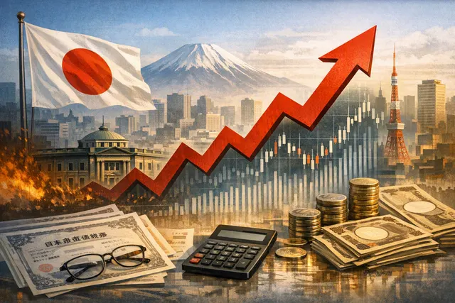 Editorial illustration of Japan’s government bond yields rising amid BOJ policy and fiscal concerns