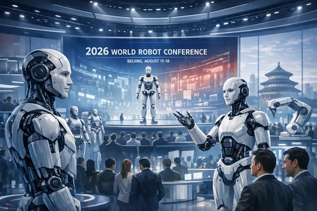 Illustration of humanoid robots demonstrating industrial and athletic abilities at a robotics conference in Beijing