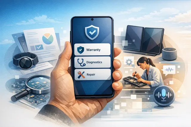 Illustration of Samsung Galaxy devices connected to a One UI 9 Warranty and care support hub