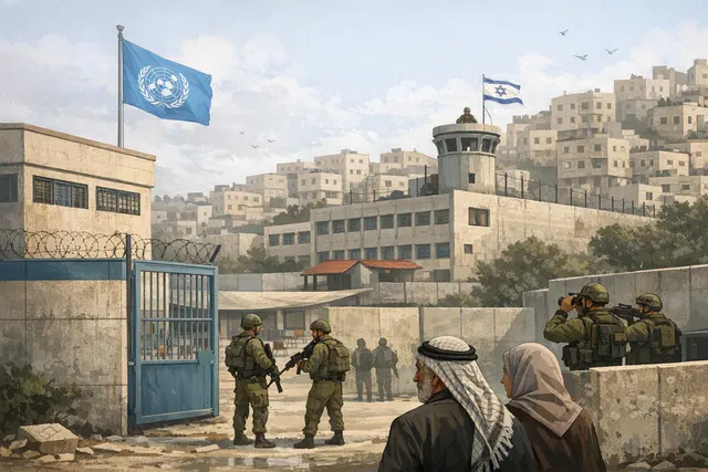 Editorial illustration of the dispute over UNRWA schools and health facilities in Shuafat, East Jerusalem