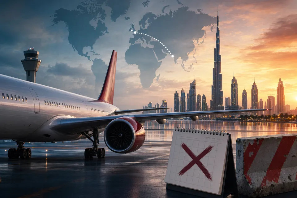 Editorial illustration of a Virgin Atlantic Dubai route suspension over Middle East airspace