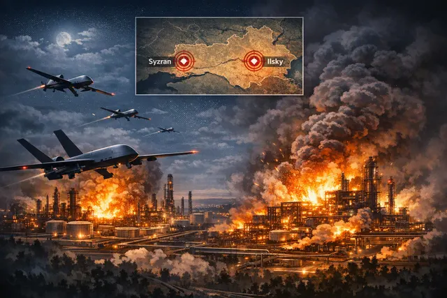 Editorial illustration depicting a night-time drone strike on an oil refinery, flames and smoke rising from industrial infrastructure.
