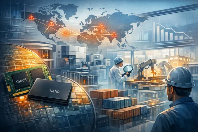 A symbolic illustration of a memory chip shortage crisis, with a circuit board representing the global supply chain under AI-driven demand pressure.