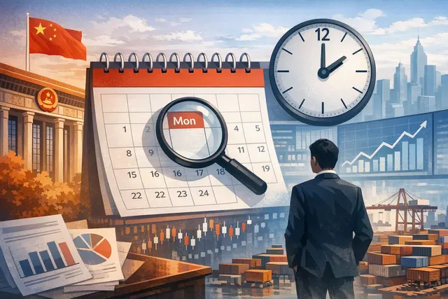 Charts and data representing China's economic indicators, with a clock showing 3 p.m.