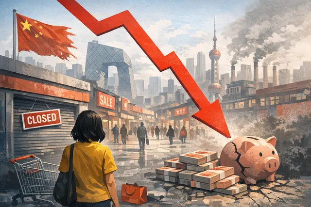 An editorial illustration depicting a declining red graph line over a stylized map of China, symbolizing the first expected post-pandemic contraction in retail sales driven by fadi