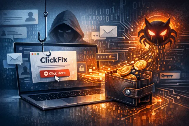 Conceptual illustration of a macOS Terminal window with a malicious ClickFix command prompt, alongside a cryptocurrency wallet icon being drained