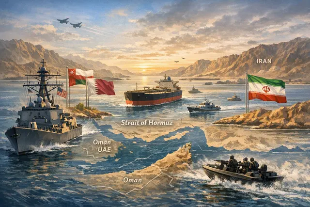 A conceptual map or visualization of the Strait of Hormuz, a critical maritime chokepoint for global oil and gas shipping.