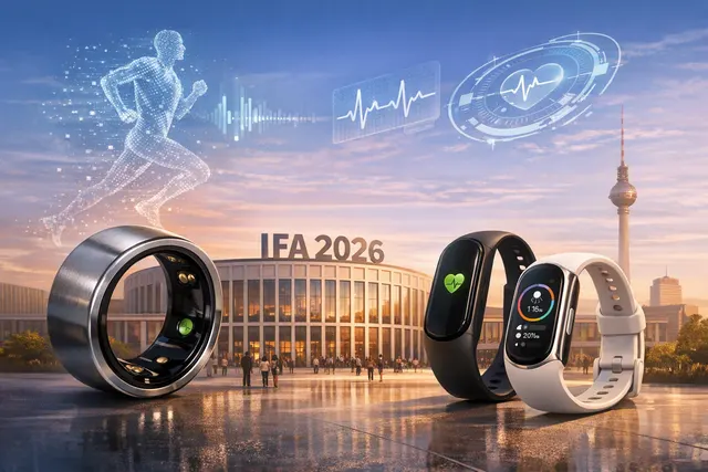 A grid of smart rings and screenless fitness bands on a futuristic display, representing the wearable technology lineup expected at IFA 2026.