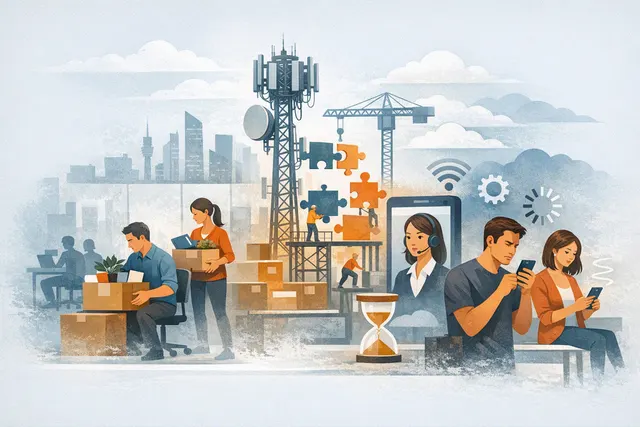 Illustration of a Singapore telecom customer navigating automated M1 support during a company restructuring