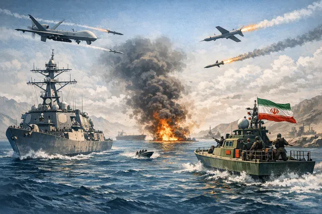 Editorial illustration of a cargo vessel navigating a tense Strait of Hormuz during the U.S.–Iran standoff