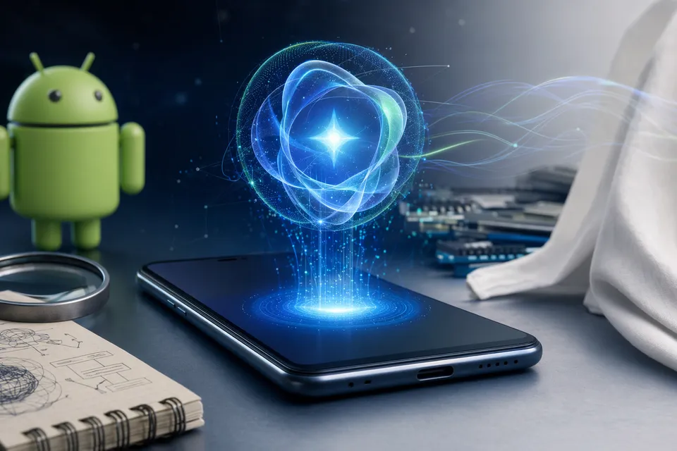 AI-generated illustration of a smartphone showing a Google-themed AI assistant concept for COSMO