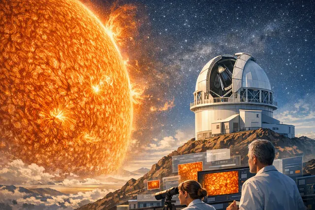 AI-generated visualization of the Sun's surface showing turbulent plasma structures and vortex patterns similar to those captured by the Daniel K. Inouye Solar Telescope.