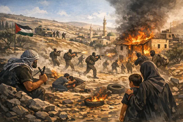 A view of the Palestinian village of Qusra in the occupied West Bank, with hills and scattered buildings under a wide sky.
