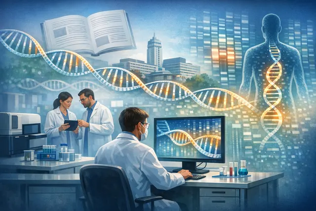 A stylized digital representation of a long DNA strand being sequenced with long-read technology, symbolizing a breakthrough in rare genetic disease diagnosis.