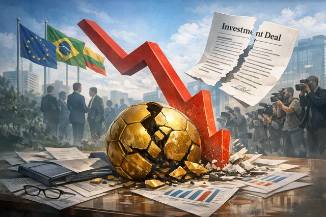 FIFA President Gianni Infantino at a press conference, with the FIFA logo in the background. The image conveys tension and crisis in world football governance.