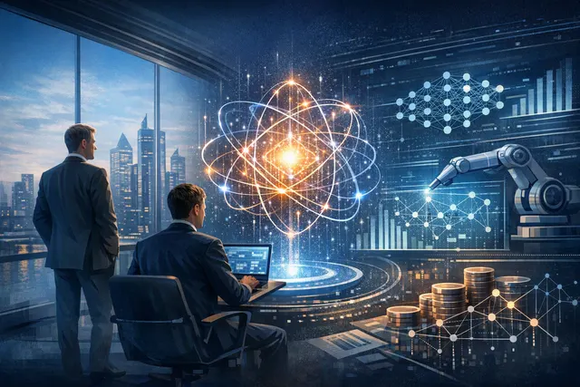 Abstract editorial illustration of artificial intelligence and data analytics guiding venture-capital investment decisions