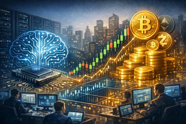 Editorial illustration of Sandisk memory chips, crypto perpetual futures charts and 24-hour digital trading
