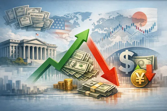Editorial illustration of U.S. Treasury bonds, falling yields, a weakening dollar and a strengthening Japanese yen