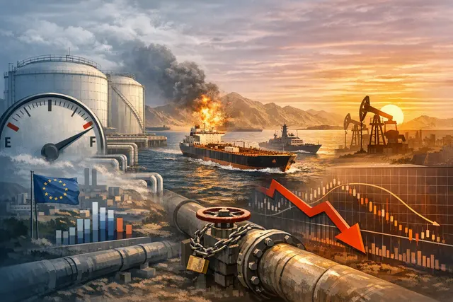 A stylized editorial illustration depicting European gas storage tanks at critically low levels, with a gas gauge metaphor and winter storm clouds approaching on the horizon, repre