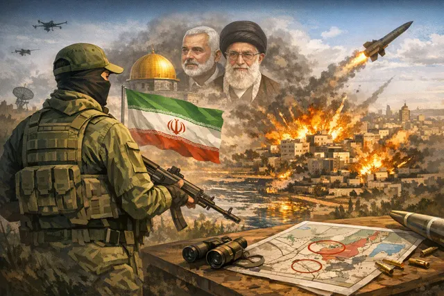 Editorial illustration of Iran's IRGC emblem representing the vow of crushing retaliation and rejection of the Hamas disarmament deal