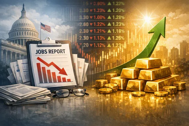 Gold bar and coins with a rising chart, a U.S. dollar note, and a Federal Reserve building in the background, representing the July 2026 gold rally past $4,350.