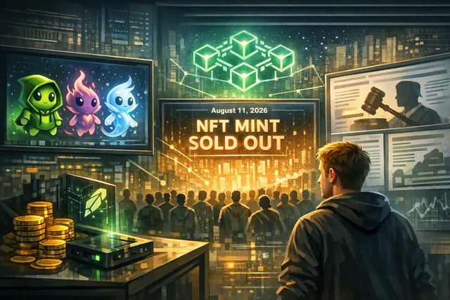 A stylized digital artwork depicting a glowing, ethereal Spritehood Wisp NFT character on a dark background with chain-link patterns.