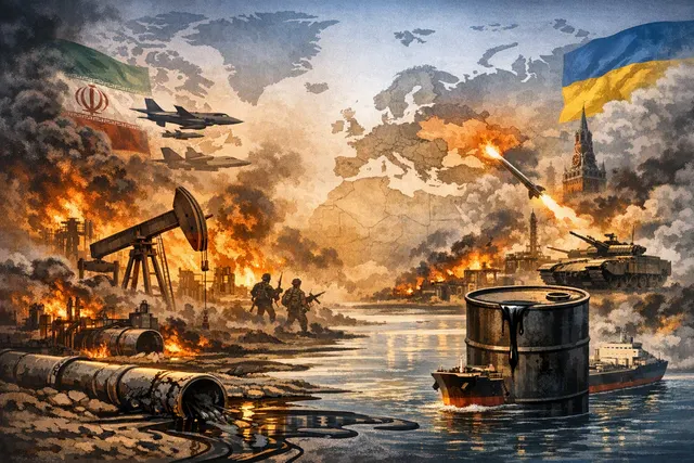 Editorial visualization of the 2026 global oil crisis, showing a map of the Strait of Hormuz with oil tanker silhouettes and conflict zones.