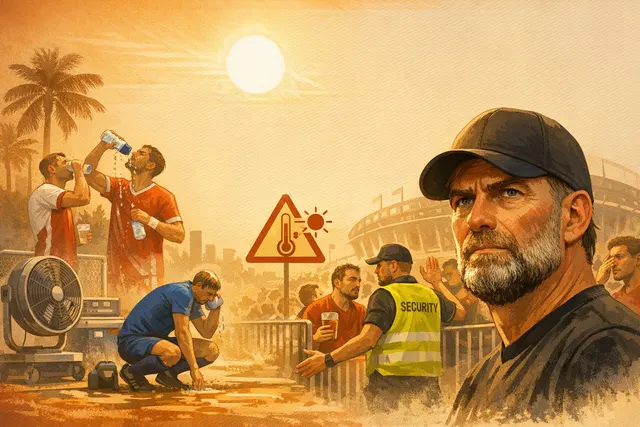 Jürgen Klopp criticizing FIFA hydration breaks at 2026 World Cup alongside a stadium heat graphic and Houston Fan Festival scene