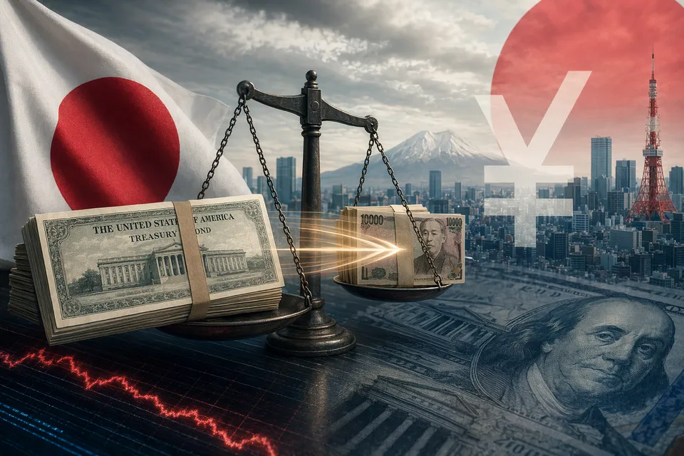 Illustration of Japan selling U.S. Treasuries as the yen approaches the 160 per dollar intervention level