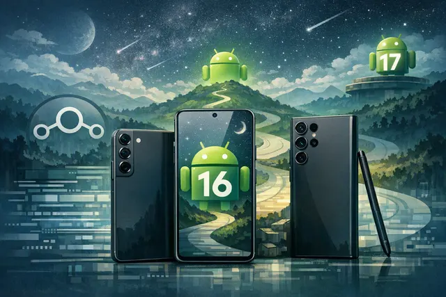 Samsung Galaxy S22 series showing the transition from One UI to LineageOS 23