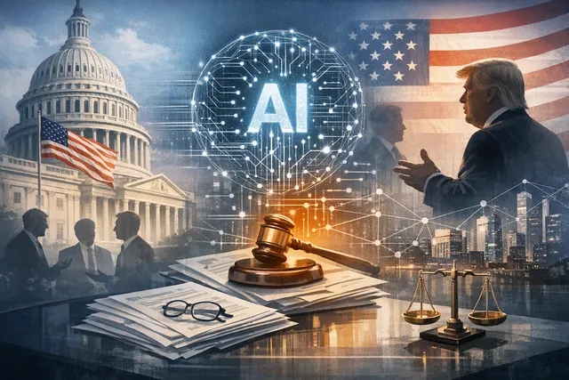 Digital illustration representing frontier AI regulation and Google DeepMind leadership change in 2026