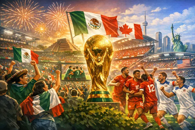 Collage of 2026 FIFA World Cup action: Mexico players celebrating, Estadio Azteca, MetLife Stadium exterior, and Brazil vs Morocco match graphic.