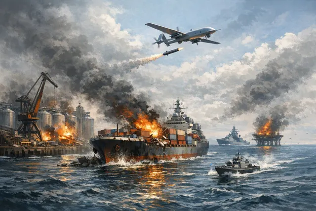 AI-generated illustration of drone strikes and cargo ships in the Black Sea near Odesa