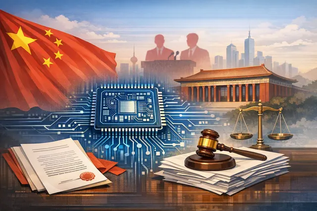 An illustration depicting a microchip fused with a judicial gavel, representing China's 2026 integrated circuit layout design regulations and intellectual property enforcement.
