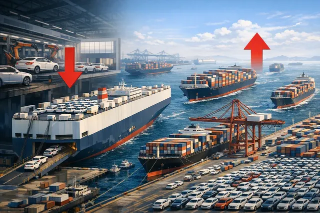 Aerial view of a congested port with rows of new cars and container ships, representing China's auto export surge in July 2026