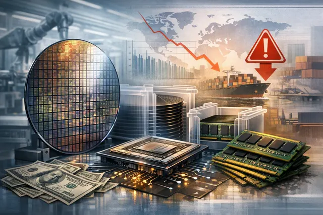 Conceptual image of an Apple A20 Pro processor wafer and DRAM memory chips, representing the supply chain bottleneck at TSMC.