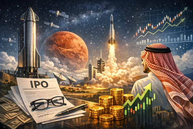 Illustration of SpaceX's record IPO and the multi-billion dollar windfall for Saudi investor Prince Alwaleed bin Talal.