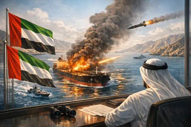 Satellite view of the Strait of Hormuz showing a tanker with a bright flash indicating a strike, representing the Iranian missile attack on an ADNOC vessel.