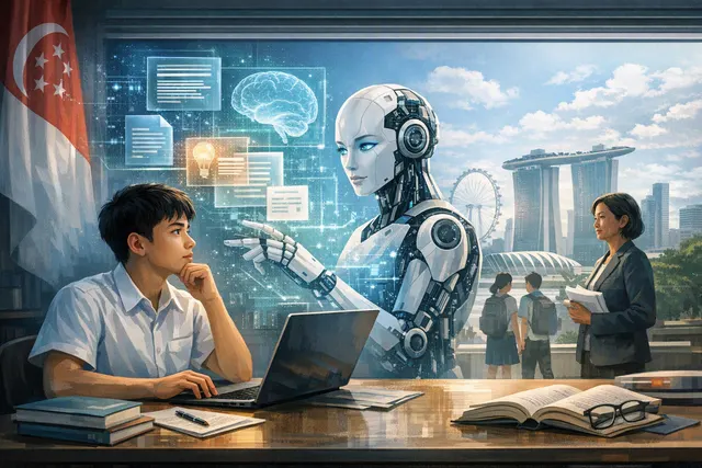Illustration of students and teachers using generative AI in a Singapore classroom while preserving independent learning