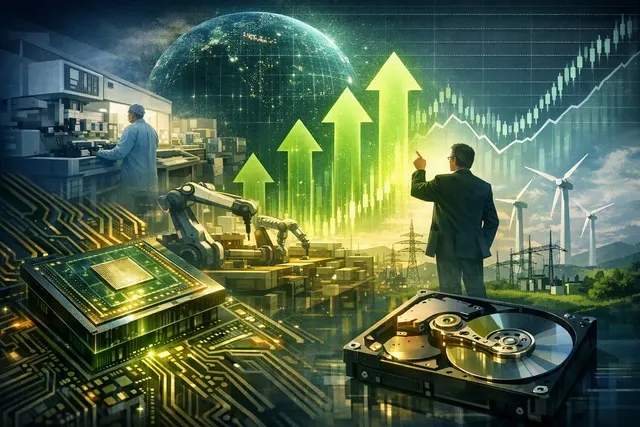 AI-generated abstract illustration of interconnected data centers, semiconductor wafers, and storage nodes, representing the AI infrastructure supply chain.