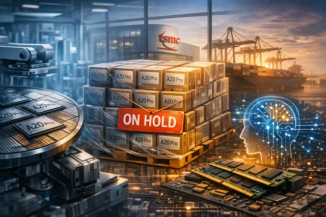 A conceptual illustration showing A20 Pro processor wafers sitting idle at a TSMC fab, with a DRAM shortage sign and AI data centers in the background.