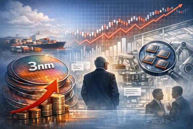 TSMC 3nm semiconductor wafer under dramatic factory lighting, representing the AI-driven supply crisis and price hikes announced in mid-2026.